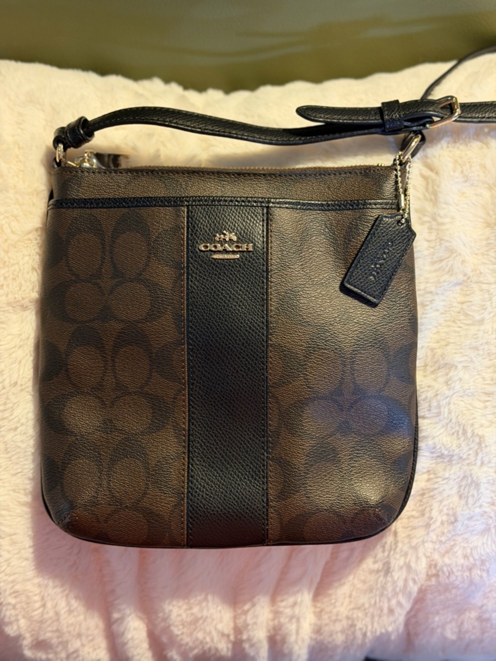 Coach Kitt Messenger Brown and Black Signature Stripe Crossbody Bag